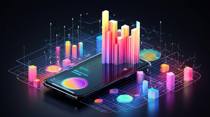 Application of Smartphone with business graph and analytics data on an isometric mobile phone. Analysis trends and software development coding process concept. Programming, testing cross-platform code - obrazy, fototapety, plakaty