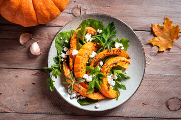 Autumn salad with grilled pumpkin and feta cheese