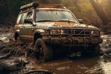 Off-road travel Car driving through mud Passed hard
