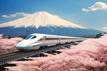 Papier Peint photo Lavable Mont Fuji Bullet trains pass by Mount Fuji and Shibazakura in spring. Shinkansen in Japan