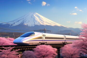 Bullet trains pass by Mount Fuji and Shibazakura in spring. Shinkansen in Japan