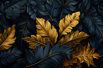 Seamless pattern with tropical leaves, Vector illustration in black and gold colors, Ai Generated