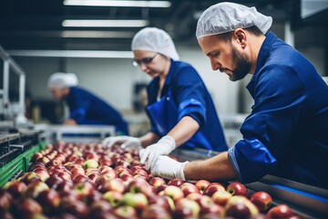 Technologists are controlling the quality of apple production in a food processing plant. - obrazy, fototapety, plakaty