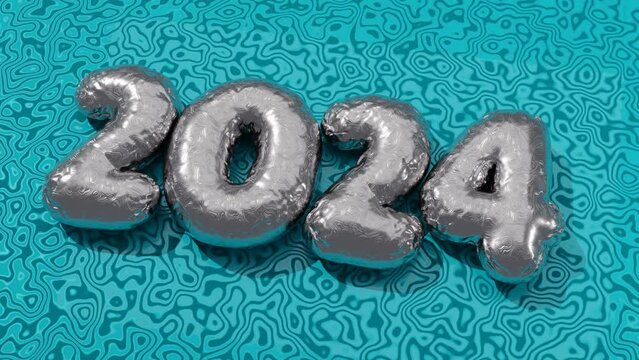 3d animation of the date of the new year 2024. The number 2024 is made of a thin film with a rainbow texture. The number balls inflate and change color. Festive New Year animation.