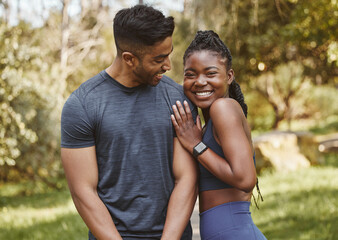 Fitness, park and portrait of couple hug outdoors for exercise, training and running for cardio workout. Dating, happy and interracial man and woman smile for wellness, health and sports in nature