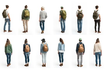 Set of young, active people with a backpack, standing against an isolated white background, showcasing a modern city lifestyle.