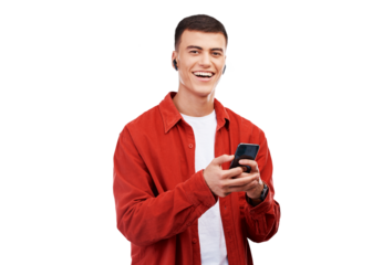 Man, student and phone for listening to music, audio streaming service and social media in portrait. Face of happy young person in earphones and mobile chat isolated on a transparent png background