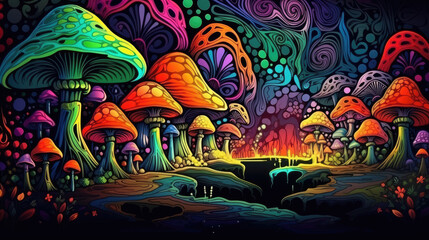 Psychic Waves: Aus der Fantasie in einer verträumten und spirituellen Erscheinung entstandene Visualisierung in Form von farbenfrohen Pilzen