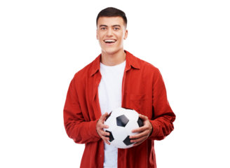 Happy, portrait and man with football for sport, fitness and getting ready for a game. Soccer, person or player for cardio, competition or athlete equipment isolated on a transparent png background