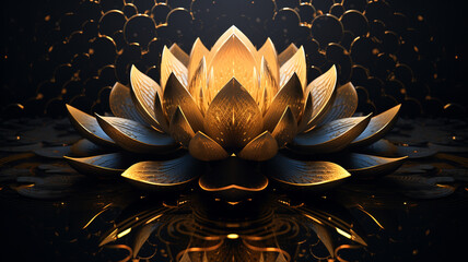 Naklejka na ściany i meble The magical golden lotus flower glows in the dark.