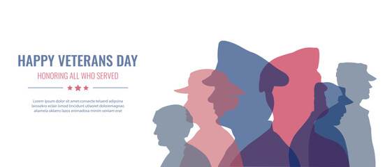 Happy Veterans Day.Horizontal banner with silhouettes of soldiers and space for text.November 11.Vector illustration.