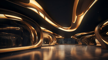 luxury golden modern curve building room in the dark - obrazy, fototapety, plakaty