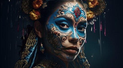 Festive make-up of a Mexican woman. Day of the Dead, Halloween.
