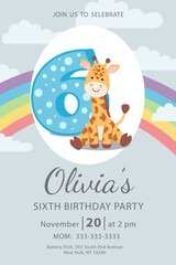 Happy sixth birthday with giraffe baby girl invitation card vector