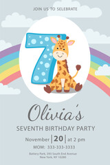 Happy seventh birthday with giraffe baby girl invitation card vector