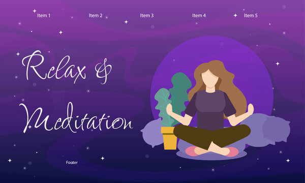 Landing Page Web Template Relaxing And Meditation Yoga Girl Abstract Background Night Sky With Fog And Stars Beautiful Lines And Sparkles Pink Purple Vector Design © Olga