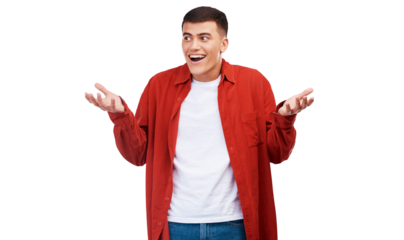 Man, confused and questions with hands, thinking and isolated transparent png background. Doubtful, planning solution and decisions with why for announcement, unsure and choice for problem solving