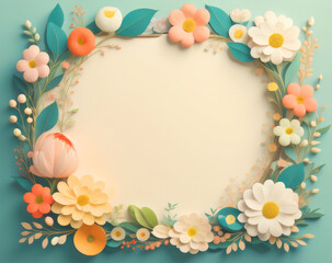 Naklejka na ściany i meble Animation illustration, colorful flower frame on green pastel background.