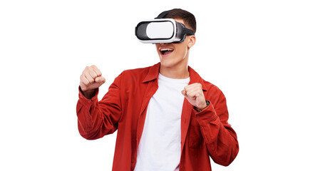 Man, virtual reality and futuristic glasses for gaming, metaverse fight and action games and fist. Young gamer in VR vision for esports challenge or competition isolated on transparent png background © Sumeet/peopleimages.com