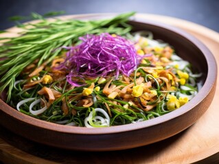 an udon bowl with duck slices, colored by the vibrant green of seaweed and spring onions