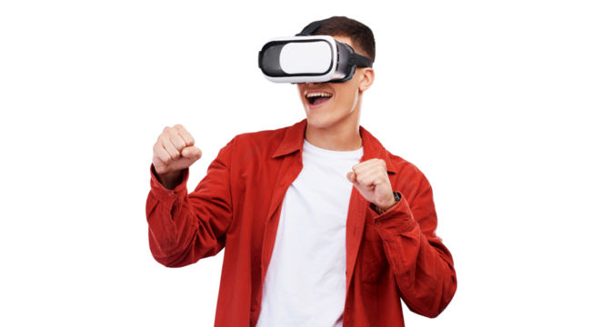 Man, virtual reality and futuristic glasses for gaming, metaverse fight and action games and fist. Young gamer in VR vision for esports challenge or competition isolated on transparent png background