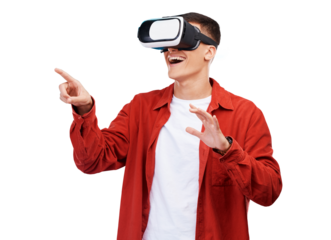 Man, student press and VR glasses for online education, 3d learning or digital gaming in metaverse. Person wow for virtual reality with finger or touch screen isolated on transparent png background
