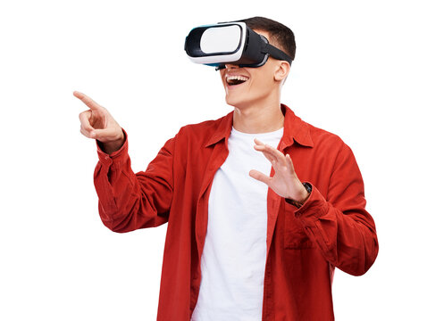 Man, student press and VR glasses for online education, 3d learning or digital gaming in metaverse. Person wow for virtual reality with finger or touch screen isolated on transparent png background