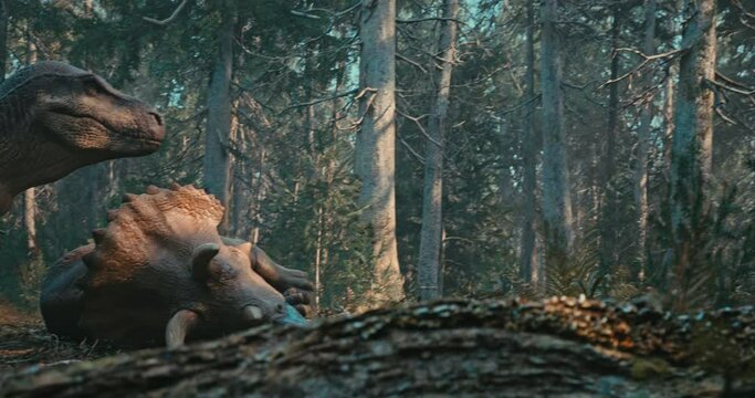 A Tyrannosaurus is about to attack a young Triceratops in the forest.