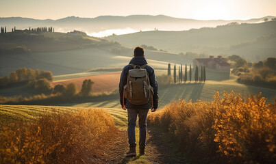 Male hiker traveling, walking alone Italian Tuscan Landscape view   - obrazy, fototapety, plakaty
