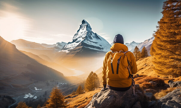 Male hiker traveling, walking alone Matterhorn under sunset light. Man traveler enjoys with backpack hiking in mountains. Travel, adventure, relax, recharge concept.	