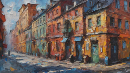 Fototapeta premium Oil painting of a city street with colorful houses in bright but soft colors. City landscape illustration. Wallpaper image. Wallpaper image. AI generation.