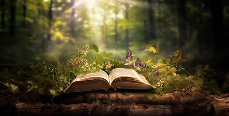 book in the forest, nature books in beautiful hd wallpaper - obrazy, fototapety, plakaty