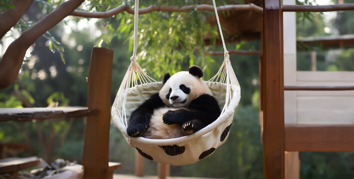 panda in the bamboo, sleeping a panda relaxation hanging hangmat rest hd wallpaper