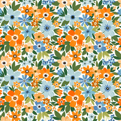 Vector seamless pattern. Pretty pattern in small flowers. Small blue and yellow flowers. White background. Trendy floral background. Elegant template for fashion prints. Stock vector.