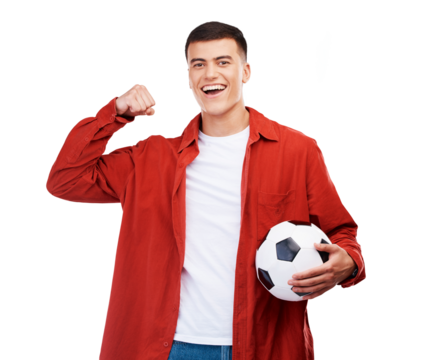 Man, winner and soccer ball for sports success, achievement and happy motivation. Portrait of young football player fist, power and winning goal or celebration isolated on transparent png background