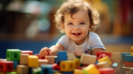 Fototapeta na wymiar Portrait of a happy toddler playing with building blocks at kindergarten or playroom.