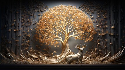 interior mural painting wall art decor wallpaper for home living room. 3d modern stereo stag deer animal with forest wall - obrazy, fototapety, plakaty