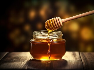 Tasty view of a fresh honey in a glass jar