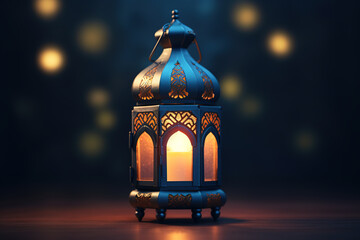 Obraz premium Decorative Arabic lantern with burning candle glowing at night over bokeh lights on dark background. Muslim holy month Ramadan Kareem.