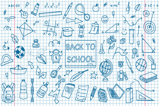 School elements on the background of a checkered notebook sheet. Simple blue contour icons, on a light background in a cage. Doodle drawings drawn with a pen in a notebook. Vector 