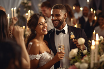 Beautiful Bride and Groom celebrating wedding at an evening wedding reception party. Smiling diverse wedding couple enjoying champagne surrounded by guests. - obrazy, fototapety, plakaty