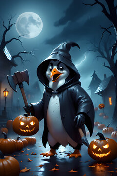 A Scary Demon Penguin Grim Reaper Hitting A Pumpkin With An Axe Gen Ai