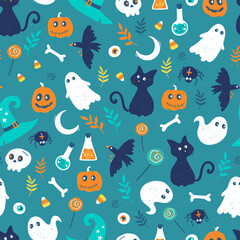Fototapeta na wymiar Cute hand drawn Halloween seamless pattern, colorful doodle background, great for Halloween banners, wallpapers, textiles, wrapping - vector design