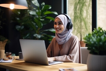 Muslim woman wearing hijab working on laptop at beautiful cozy office.