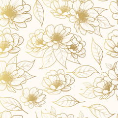 Obraz premium Elegant seamless pattern with hand drawn flowers in boho style. Golden vector background for wallpaper, wrapping paper, textile and greeting cards.
