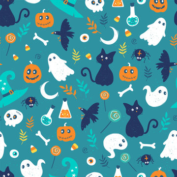 Cute hand drawn Halloween seamless pattern, colorful doodle background, great for Halloween banners, wallpapers, textiles, wrapping - vector design © TALVA