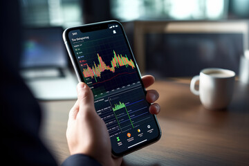 Closeup of Crypto trader investor broker hand holding phone app executing financial stock trade market trading order to buy or sell cryptocurrency shares thinking of investment risks profit concept. - obrazy, fototapety, plakaty
