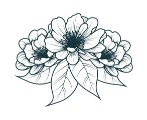 Hand drawn flowers isolated on white. Boho style concept  for wedding invitation, greeting card, branding, coloring book page. Vector illustration, line art.