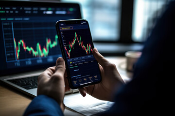 Business man trader investor analyst using mobile phone app analytics for cryptocurrency financial market analysis, trading data index chart graph on smartphone.