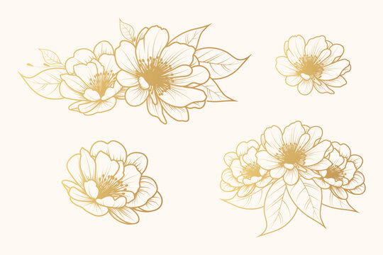 Hand drawn golden flowers isolated set. Boho style concept for wedding invitation, greeting card and t-shirt. Vector illustration, line art.